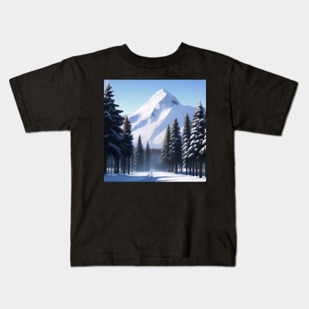 A snow covered forest with a mountain in the background Kids T-Shirt by Tazlo